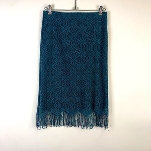 Vintage Turquoise blue lace over black long fringed pull on skirt with sheen